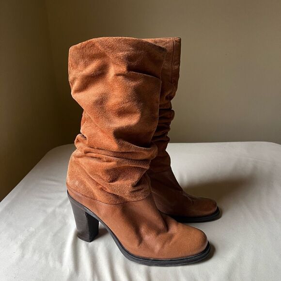 Vintage Markon Cognac Suede Leather Slouch Boots Mid Calf Slip On Women’s 7W - Picture 1 of 10